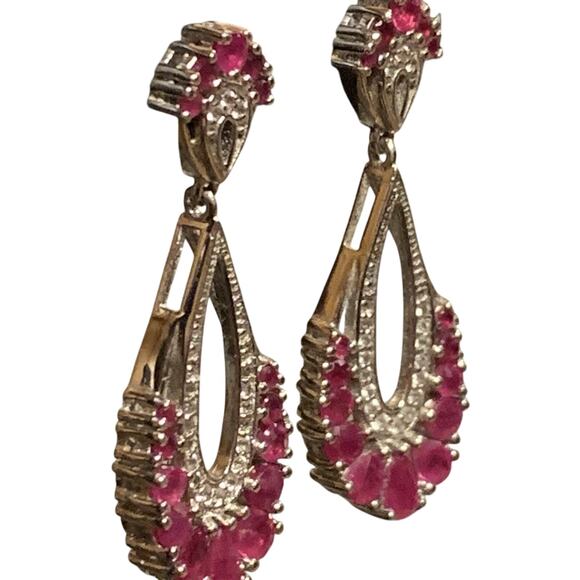 Sterling Silver, Natural Ruby and CZ Dangle/Drop Earrings Vintage - Picture 6 of 8